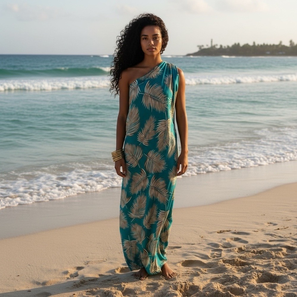 Tyche Teal and Gold Palm Maxi Dress